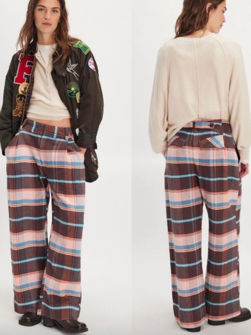 Free People Buckle Back Wide-Leg Plaid Trousers - Brown/Pink Plaid Size 14